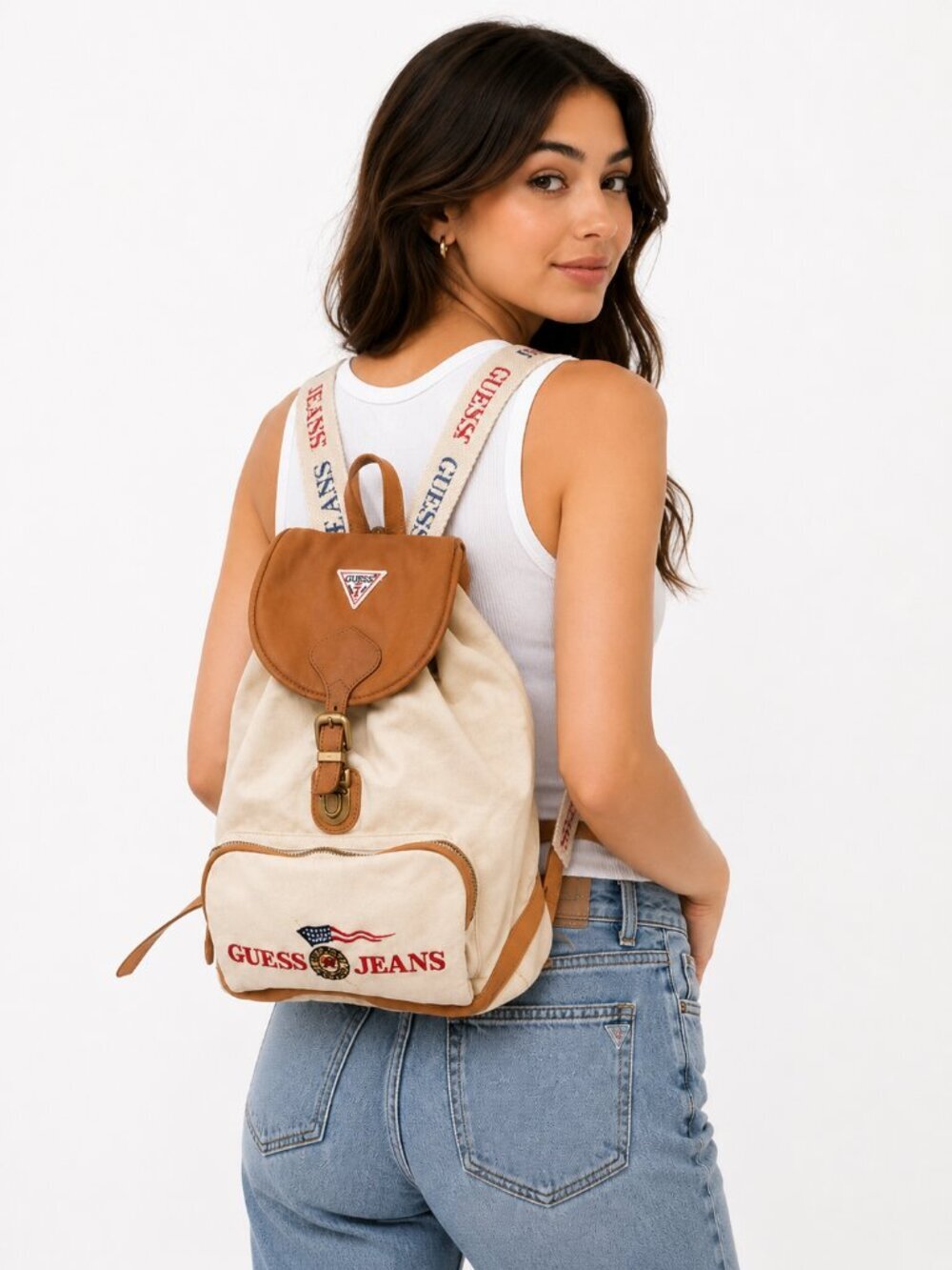 Vintage Guess Jeans Canvas Leather Canvas Backpack Cream Tan Logo Bag Y2K